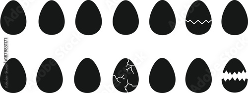 Black egg silhouette icon set showing whole and cracked eggs in minimalist flat style, ideal for food, Easter, and design concepts