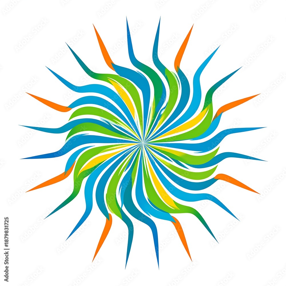 Fototapeta premium Colorful, symmetrical swirl design with radiating lines in blue, green, orange, and yellow