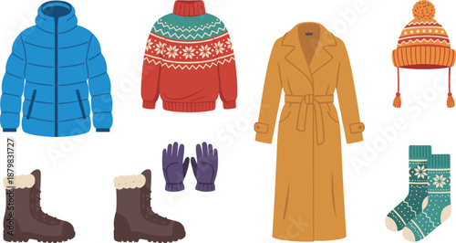 Cozy Winter Clothing Illustration Set Featuring Jackets, Sweaters, Coats, Boots, Gloves, Warm Hats, Knitted Socks and Seasonal Cold-Weather Apparel