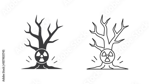 Two stylized illustrations of a dead, bare tree with a glowing radioactive symbol at its base, depicting environmental contamination and nuclear danger.