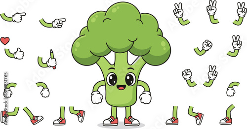Cute Broccoli Character Illustration Set Featuring Expressive Arms, Hands, Poses, Gestures, and Interchangeable Limb Elements for Animation Use