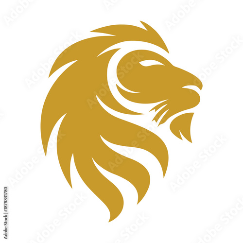 Golden lion head with flowing mane profile view illustration icon
