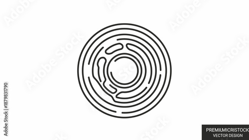 Abstract circular maze design with intricate paths, a complex labyrinth puzzle in a minimalist black and white line art style.
