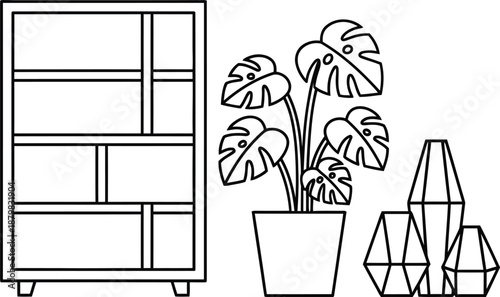 Minimalist Line Art Illustration of Furniture and Plants