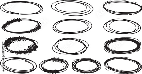 Hand drawn circle and arrow line for highlighting text. Rounds Bubbles Set doodle sketch symbols on a white background.