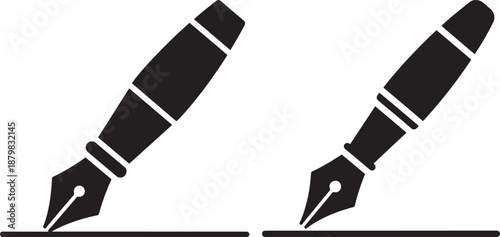 Fountain Pen Icons for Ink Signature and Writing, Professional Office Stationary Tools Black Silhouette Illustration