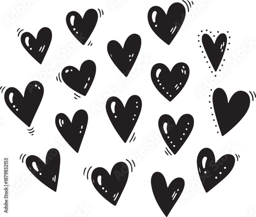 heart collection with textured effect - vector hand drawn romantic shapes in sketch style showing different strokes and filling patterns.