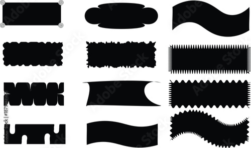 Black banners and labels with various shapes and textures white background transparent
