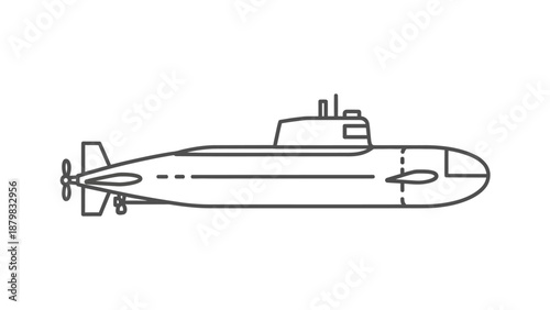 A line art illustration of a submarine, showing its side profile with a conning tower, propeller, and diving planes.
