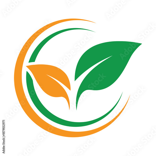 Eco friendly leaf logo with green and orange curved lines icon