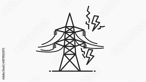 Line art illustration of an electricity pylon with lightning bolts symbolizing power and energy transmission.