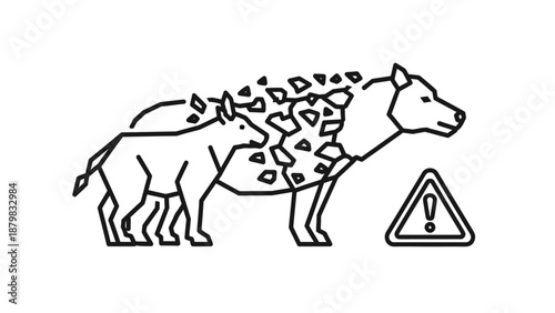 Line art illustration of an adult spotted hyena and its cub with a warning sign, depicting wildlife caution and danger.