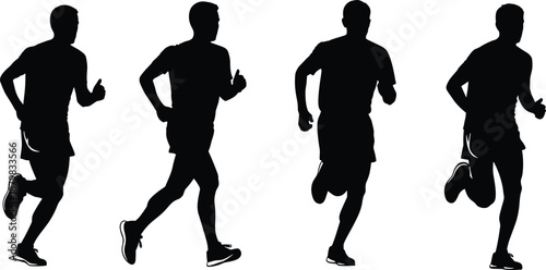 Running men silhouettes set showing male joggers in motion fitness training endurance cardio workout healthy active lifestyle sport concept illustration
