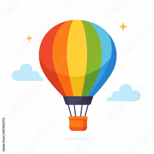 Colorful hot air balloon floating in the sky with clouds and stars
