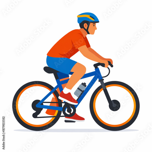 Man riding a mountain bike wearing a helmet and sportswear