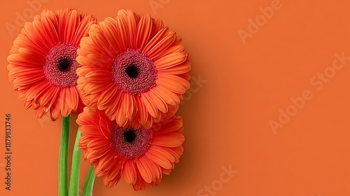 A bouquet of three orange flowers is arranged on a red background. The flowers are in full bloom and are the focal point of the image. The red background adds a pop of color and creates a warm