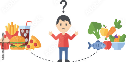 Healthy vs Junk Food Choice Illustration Featuring Confused Person Comparing Fast Food Items with Fresh Vegetables, Fruits, and Nutritious Options