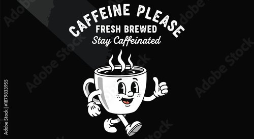Retro Cartoon Coffee Cup Character with 'Caffeine Please' Text.