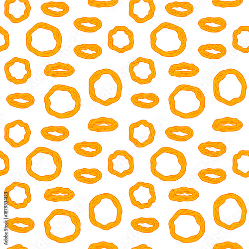 Fried onion ring pattern background. Onion ring doodle fried snack Street fast food pattern. fried onion ring seamless pattern background.