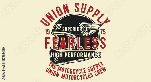 Retro Motorcycle Helmet Design with "Fearless" Text and Wings Emblem - Vector Graphic.