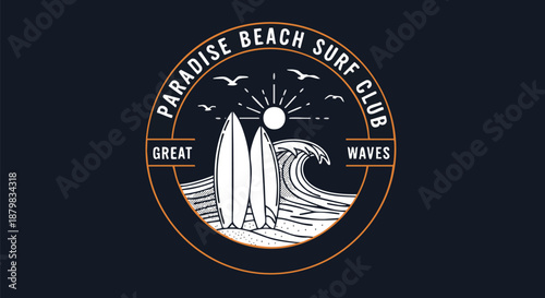 Retro Surf Club Logo with Surfboards and Ocean Waves, Perfect for Apparel and Branding.