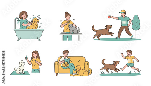 Pet Care and Training Illustration Set Featuring Dog Bathing, Cat Grooming, Playing Fetch, Treat Giving, Cuddling and Fun Activities with Pets