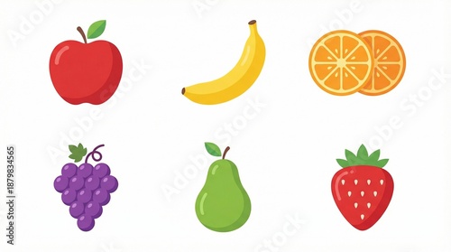 Colorful fruit stickers featuring various fruits like apples, bananas, and strawberries on a white background.