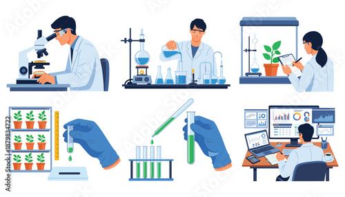 Scientific Research and Laboratory Illustration Set Featuring Microscopes, Experiments, Test Tubes, Plant Studies, Chemical Analysis and Data Monitoring