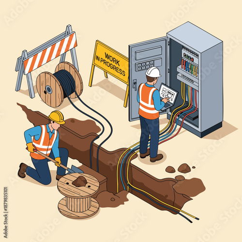 Electricians installing cables and electrical panel with computer technician in isometric view, construction site.