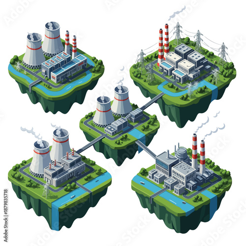 Industrial Power Plants: Isometric Vector Illustration of Energy Production Facilities.