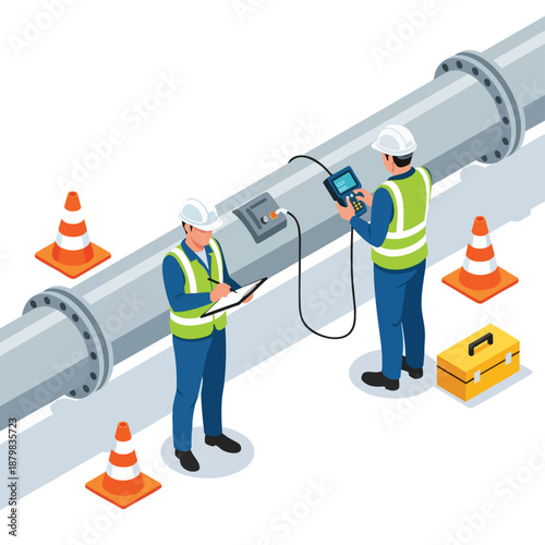 Industrial professionals inspecting a large pipeline with portable testing equipment, safety cones, and toolbox.