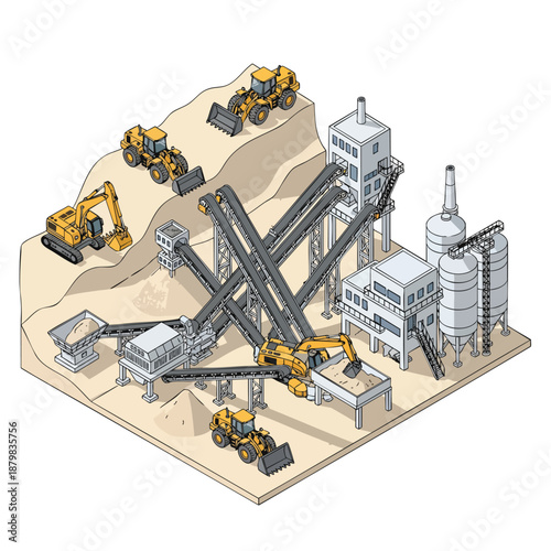 Industrial quarry and construction site with excavators, loaders, conveyor belts, and processing plants.