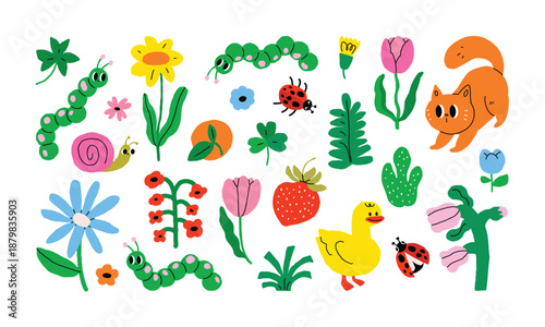 Colorful flowers and green leaves in a hand-drawn style.Garden doodle for growing, displaying, and enjoying plants like flowers, leaves, worm and natural elements with design.