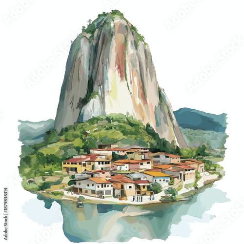 Guatape and El Penol Rock. Guatape and El Penol Rock hand drawn watercolor illustration
