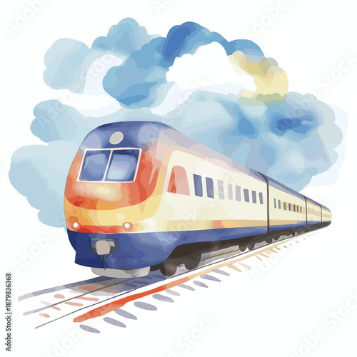 Train to the Clouds. Train to the Clouds hand drawn watercolor illustration