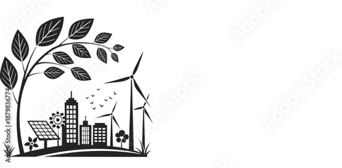 Eco city landscape with green energy plant and urban cityscape. Vector ecology and environment friendly infrastructure of modern city with skyscrapers, solar panels, wind turbines,