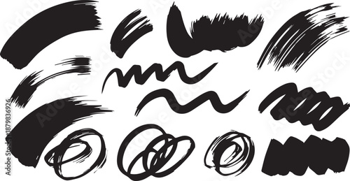 Grunge style hand-drawn thick brush strokes in acrylic paint. Textured ink lines with marker accents, underlines, and strikethroughs for vector art, creative scribbles, and textured background