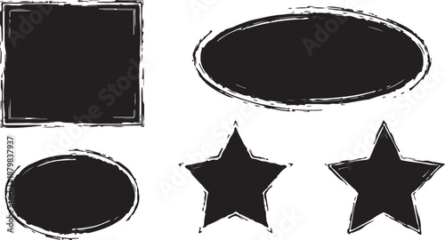 Retro Grunge postage Stamps frames vector shape set with letters. Black text postal round and square empty stamp border pack. Blank post Stamp template grunge ink rubber