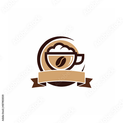 A stylized illustration of a coffee cup with a ribbon banner and coffee bean, b28.svg reference, isolated on a simple background