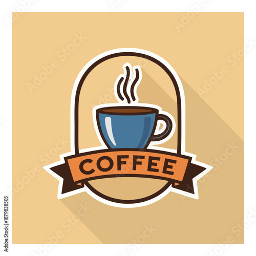 A steaming cup of coffee illustration on a banner ribbon design element viewed from directly above