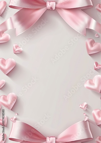 Elegant Romantic Greeting Card Background with Pastel Pink Tones, Satin Ribbon Bow, and 3D Heart Elements