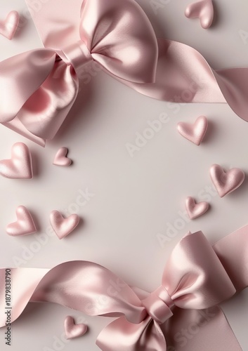 Elegant Romantic Greeting Card Background with Pastel Pink Tones, Satin Ribbon Bow, and 3D Heart Elements