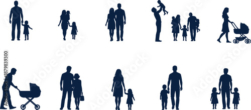 Family silhouette set featuring parents with children, walking, carrying, and stroller scenes for parenting, lifestyle, and social concept designs in clean vector illustration style