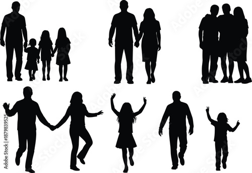 Family silhouettes collection showing parents and children walking holding hands celebrating love unity parenting childhood lifestyle togetherness social illustration concept