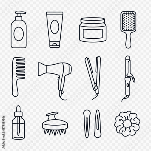 Collection of essential hair care and styling tools in a clean line art design