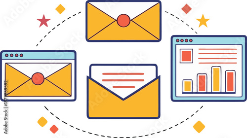 Email Marketing Digital Strategy Concept. Email Marketing Business Promotion Illustration. Email Marketing Online Campaign Design. Email Marketing Newsletter Strategy Concept. Email Marketing Digital