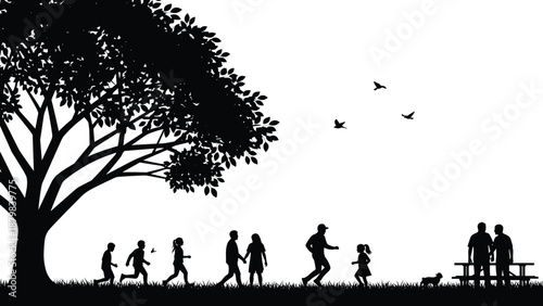 Family silhouettes enjoying time together in park under tree showing parents and children walking playing picnic nature lifestyle love concept illustration