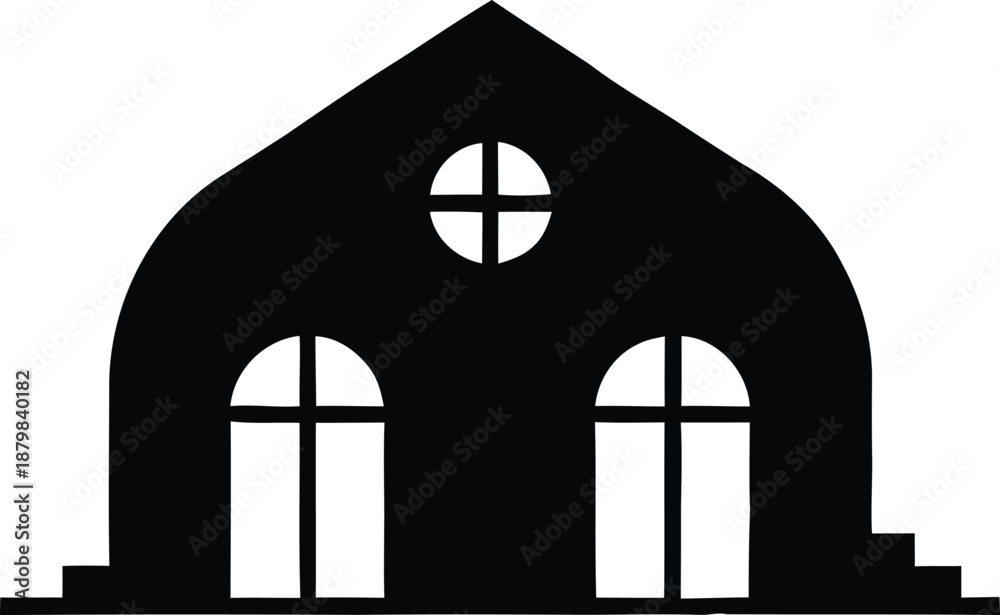 Fototapeta premium Minimalist barn house icon with symmetrical arched windows and gable roof for farm estate or rural property branding.