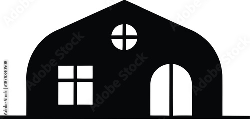 Minimalist barn house icon with arched roof and circular window for farm estate or rural residential property logo.