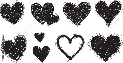 heart collection with textured effect - vector hand drawn romantic shapes in sketch style showing different strokes and filling patterns.